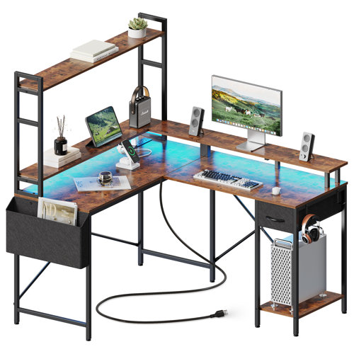 Inbox Zero Lateefa 88" L Shaped Computer Home Office Desk with LED Lights & Power Outlets with